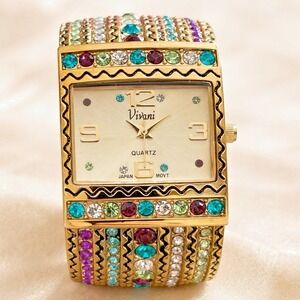 Vivani Gold Tone Multicolor Crystal Cuff Watch Quartz Japan Movt + Pouch Y2K